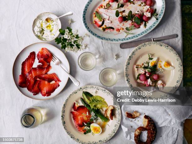 overhead view of cured salmon, egg salad, pretzel and roasted radishes - leftovers stock pictures, royalty-free photos & images