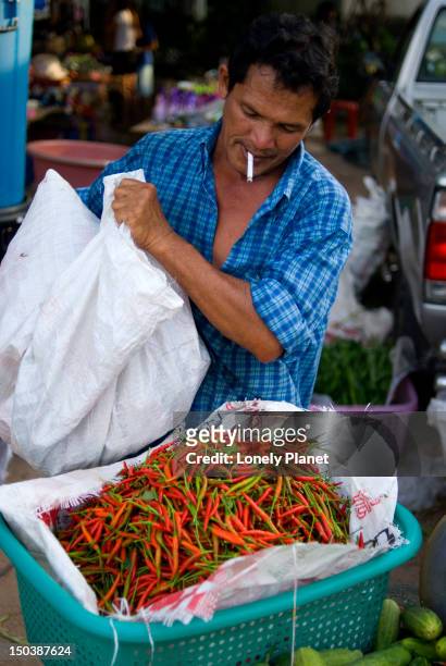 man selling chillies at evening market near bang thao. - lonely planet collection stock-fotos und bilder