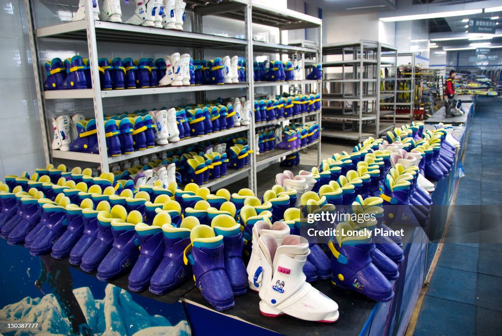 Ski boots at Shanghai Yinqixing Indoor Skiing Resort.