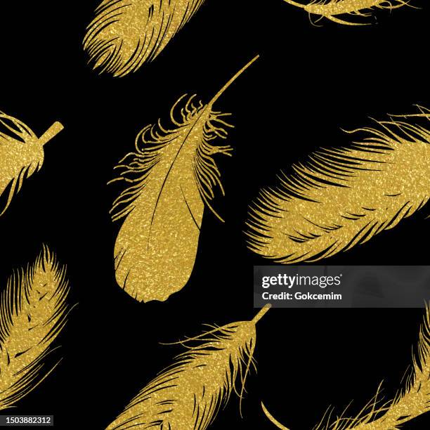 gold feathers seamless pattern with black background. design element for greeting cards and wedding, birthday and other holiday and summer invitation cards background. - peacock stock illustrations