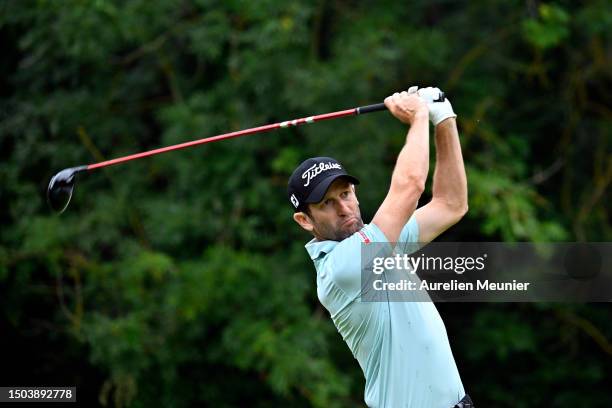 Gregory Bourdy of France plays his first shot on the first hole during Day One of Le Vaudreuil Golf Challenge at Golf PGA France du Vaudreuil on June...