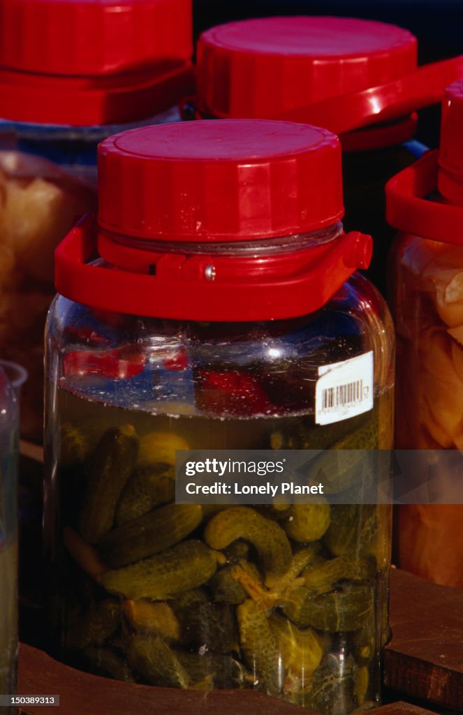 Pickles in jar, roadside vendor.