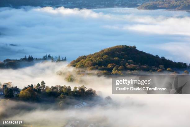 view from latrigg to castlehead wood and derwent water, early morning, cloud inversion over the derwent valley, keswick, lake district national park, cumbria, england, uk - surfacing stock pictures, royalty-free photos & images