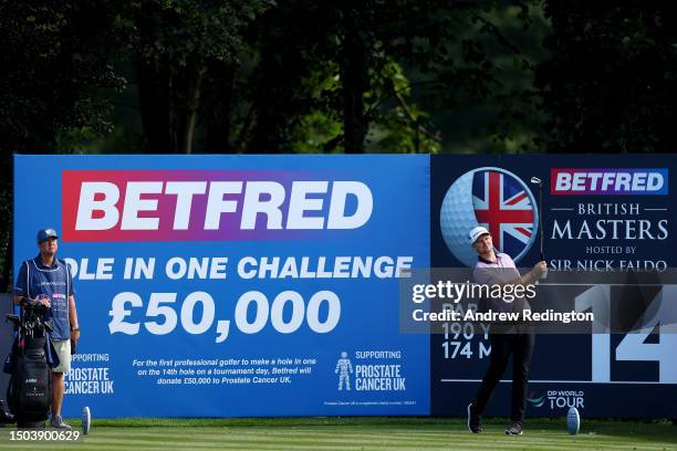 Justin Rose of England tees off on the 14th hole during Day One of the Betfred British Masters hosted by Sir Nick Faldo 2023 at The Belfry on June...