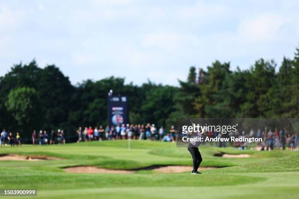 Justin Rose of England plays their second shot on the 15th hole during Day One of the Betfred British Masters hosted by Sir Nick Faldo 2023 at The...