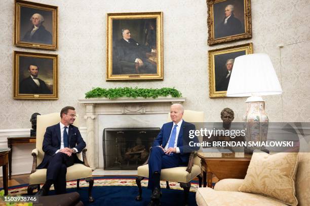 President Joe Biden meets with Swedish Prime Minister Ulf Kristersson in the Oval Office of the White House in Washington, DC, on July 5, 2023. US...