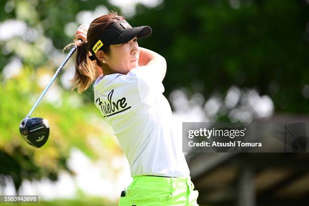 Asako Fujimoto of Japan hits her tee shot 17 during the first round of SHISEIDO Ladies Open at Totsuka Country Club on June 29, 2023 in Yokohama,...