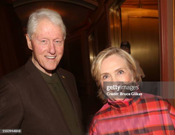 Bill Clinton and Hillary Clinton pose backstage at the new play "Leopoldstadt" on Broadway at The Longacre Theatre on June 28, 2023 in New York City.