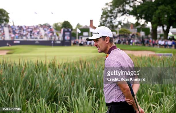 Justin Rose of England waits to make their way to the 18th green during Day One of the Betfred British Masters hosted by Sir Nick Faldo 2023 at The...