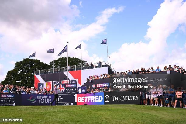 Justin Rose of England tees off on the 1st hole during Day One of the Betfred British Masters hosted by Sir Nick Faldo 2023 at The Belfry on June 29,...