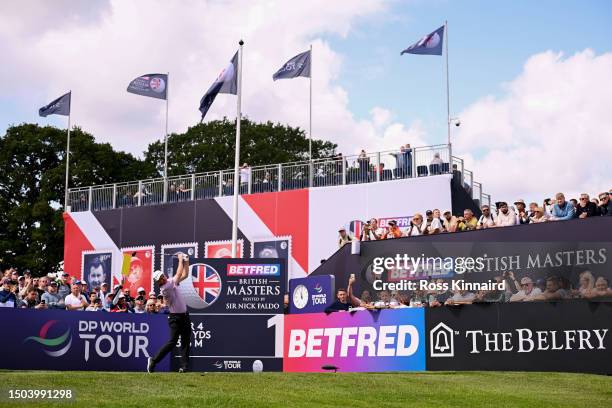 Justin Rose of England tees off on the 1st hole during Day One of the Betfred British Masters hosted by Sir Nick Faldo 2023 at The Belfry on June 29,...