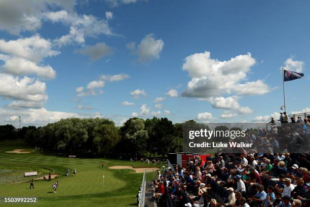 General view of the 9th green as spectators look on during Day One of the Betfred British Masters hosted by Sir Nick Faldo 2023 at The Belfry on June...