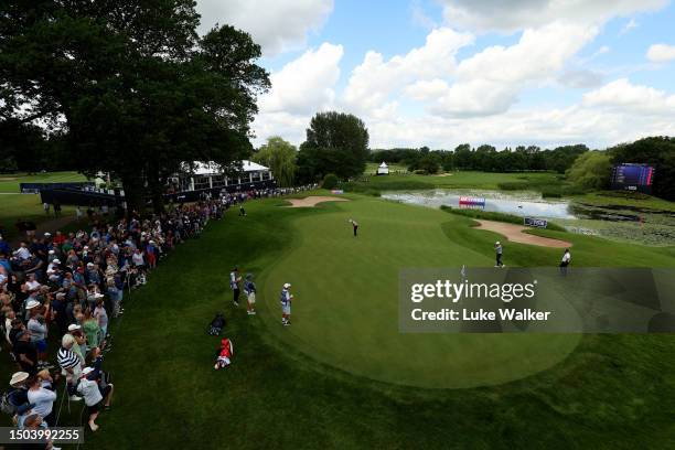 General view of the 18th green as Justin Rose of England putts during Day One of the Betfred British Masters hosted by Sir Nick Faldo 2023 at The...