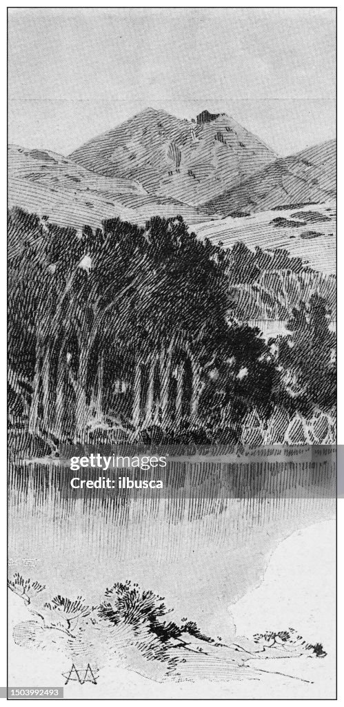 Antique image from British magazine: Castlewellan, Northern Ireland, Mourne Mountains and Devil's Bite