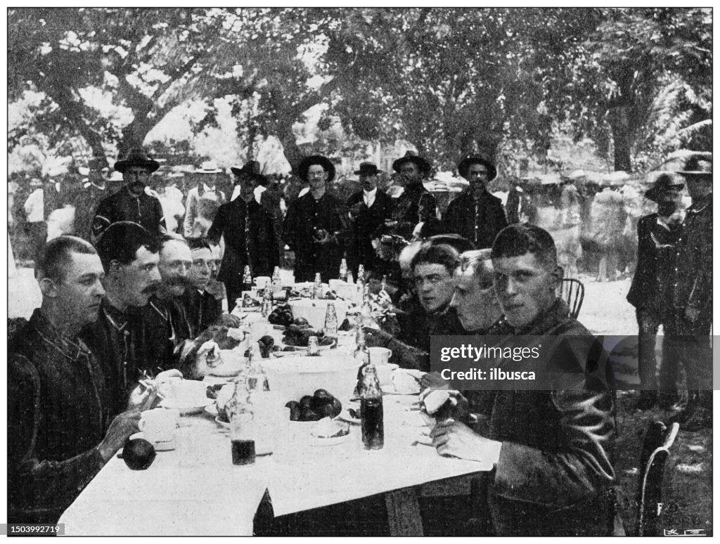 Antique image from British magazine: Annexation of Hawaii by USA, Soldiers dining