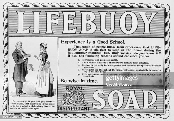 antique advertisement from british magazine: lifebuoy soap - cleaning product ad stock illustrations
