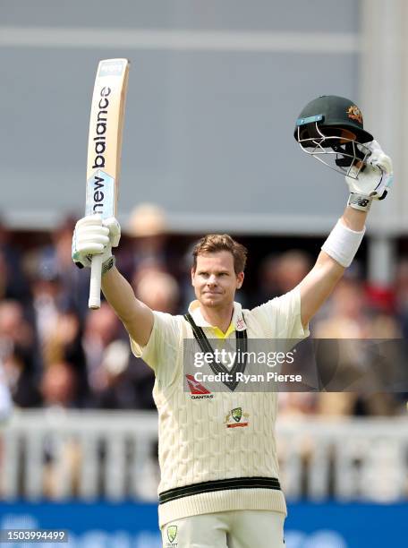 Steve Smith celebrates celebrates his century during Day Two of the LV= Insurance Ashes 2nd Test match between England and Australia at Lord's...