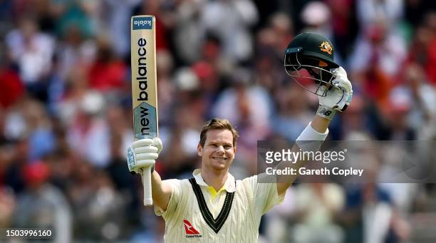Steve Smith of Australia celebrates celebrates his century during Day Two of the LV= Insurance Ashes 2nd Test match between England and Australia at...
