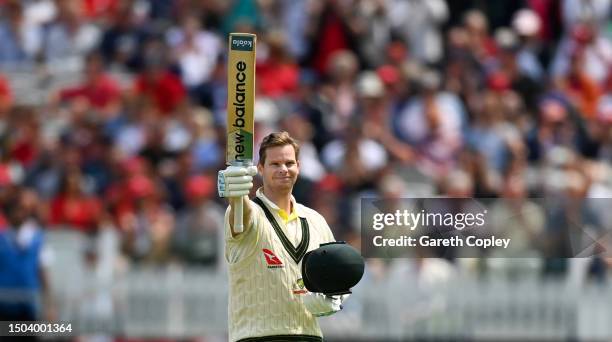 Steve Smith of Australia celebrates celebrates his century during Day Two of the LV= Insurance Ashes 2nd Test match between England and Australia at...