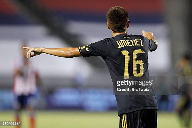 Hector Jimenez of Los Angeles Galaxy points during the MLS match against Chivas USA at The Home Depot Center on August 12, 2012 in Carson,...