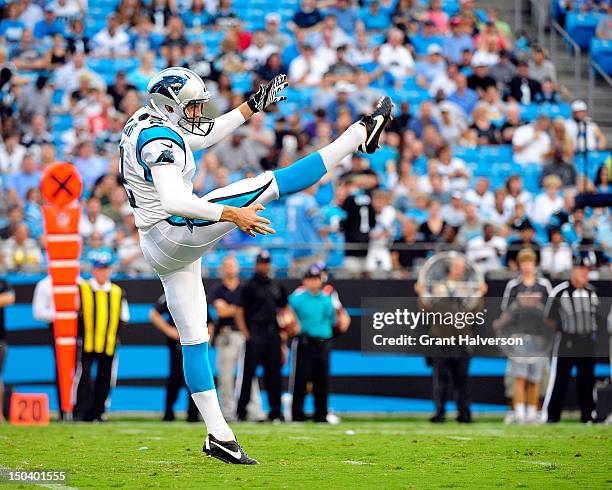 Nick Harris of the Carolina Panthers against the Houston Texans during a preseason game at Bank of America Stadium on August 11, 2012 in Charlotte,...