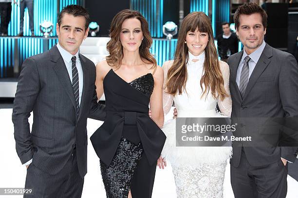 Actors Colin Farrell, Kate Beckinsale, Jessica Biel and director Len Wiseman attend the UK Premiere of 'Total Recall' at the Vue West End on August...