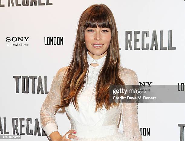 Actress Jessica Biel attends the UK Premiere of 'Total Recall' at the Vue West End on August 16, 2012 in London, England.