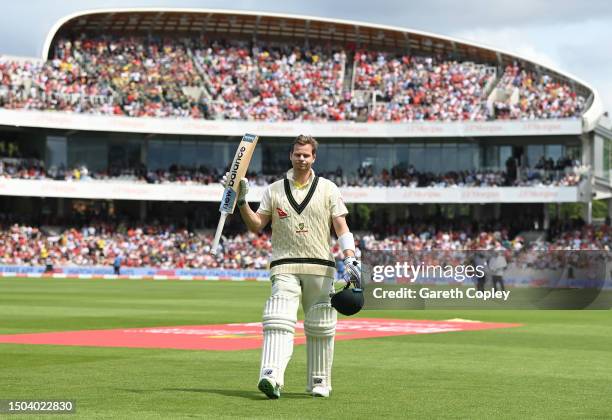 Steve Smith of Australia leaves the field after being dismissed by Josh Tongue of England during Day Two of the LV= Insurance Ashes 2nd Test match...