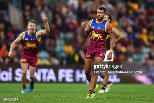 Callum Ah Chee of the Lions celebrates a goal during the round 16 AFL match between Brisbane Lions and Richmond Tigers at The Gabba, on June 29 in...