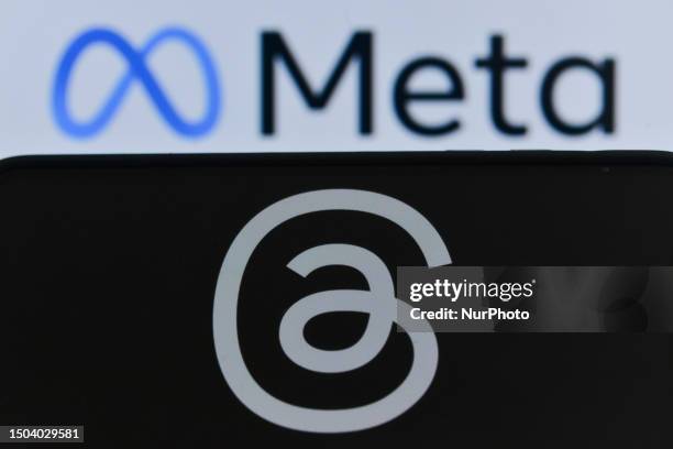 Meta company logo displayed on a personal computer and Threads logo displayed on a smartphone device are seen in a photo illustration in L'Aquila,...