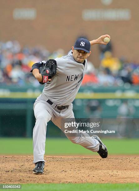 Clay Rapada of the New York Yankees pitches during the game against the Detroit Tigers at Comerica Park on August 9, 2012 in Detroit, Michigan. The...