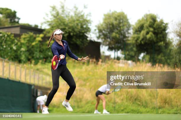 Elena Rybakina of Kazakhstan looks on during a practice session ahead of The Championships - Wimbledon 2023 at All England Lawn Tennis and Croquet...