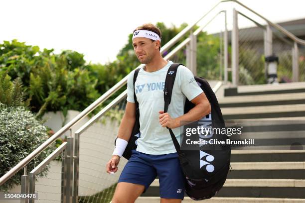 Casper Ruud of Norway looks on ahead of a practice session ahead of The Championships - Wimbledon 2023 at All England Lawn Tennis and Croquet Club on...