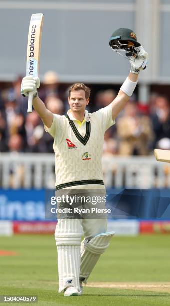 Steve Smith of Australia celebrates his century during Day Two of the LV= Insurance Ashes 2nd Test match between England and Australia at Lord's...