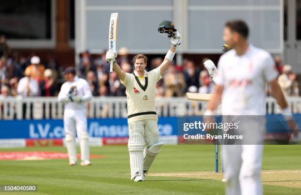 Steve Smith of Australia celebrates his century during Day Two of the LV= Insurance Ashes 2nd Test match between England and Australia at Lord's...