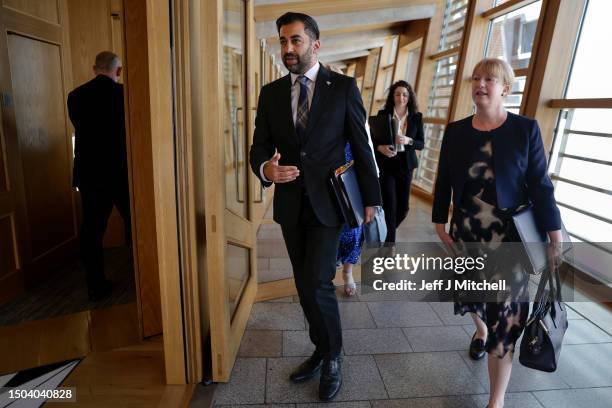 Scottish First Minister Humza Yousaf and Shona Robison Deputy First Minister of Scotland arrive for First Minister's Questions at Scottish Parliament...