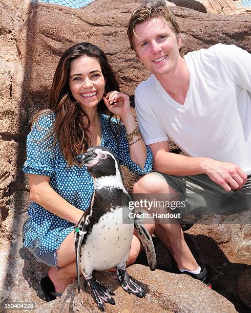 In this handout photo provided by SeaWorld, actress Amelia Heinle, from the hit daytime TV drama "The Young and the Restless" and her husband, actor...
