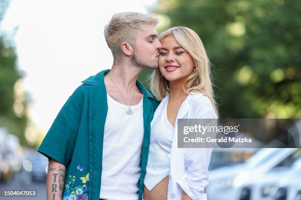 Mike Singer and Sophie Lilian attend the Vapiano VIP Pre-Party "Italian Kisses" at VAPIANO Berlin Friedrichstrasse on July 5, 2023 in Berlin, Germany.