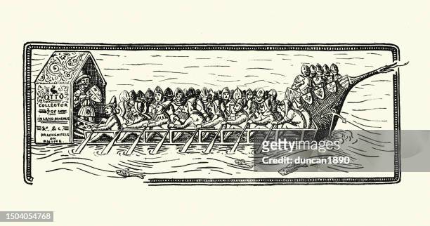 stockillustraties, clipart, cartoons en iconen met caricature of a medieval river boat, tax collector, and knights, rowing up river - galleischip