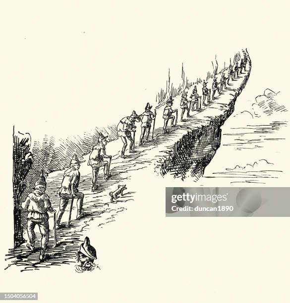 vintage illustration of caricature of line of men walking up a steep narrow mountain path - rock wall climbing stock illustrations