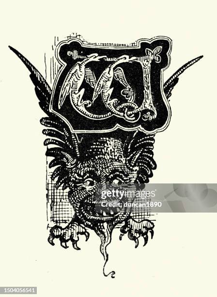 vintage illustration of gargoyle demon style monster, horror, mythology, fantasy - creepy monsters from the past stock illustrations