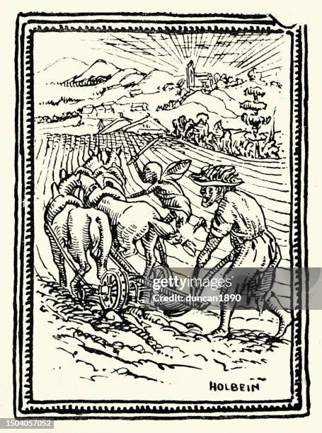 woodcut after holbein of a farmer ploughing a field, using plough and team of horses, history of agriculture - 16th century style stock illustrations