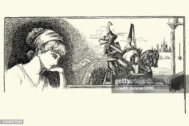 young woman day dreaming of a knight in shining armour and a princess, fantasy fairy-tale - medieval stock illustrations stock illustrations