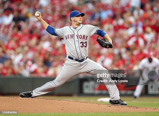 Matt Harvey of the New York Mets throws a pitch during the game against the Cincinnati Reds at Great American Ball Park on August 16, 2012 in...