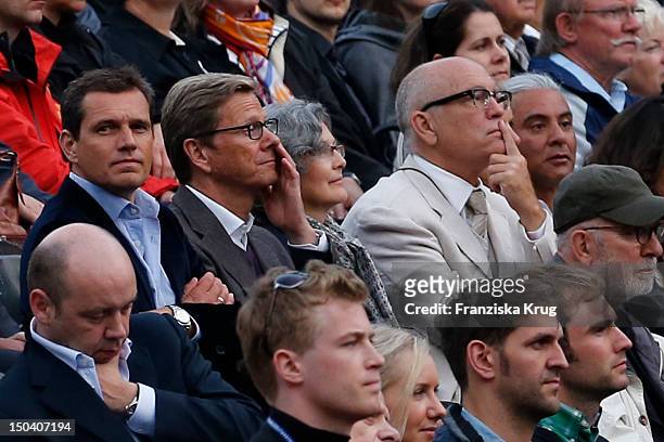 Michael Mronz, Guido Westerwelle, Nicoletta Peyran and her husband John Malkovich attend the 'Seefestspiele' Open With Carmen in the Wannseebad on...