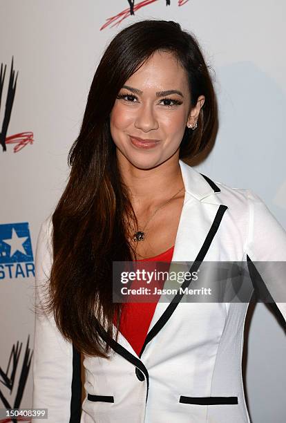 Diva AJ Lee attends the WWE SummerSlam VIP Kick-Off Party at Beverly Hills Hotel on August 16, 2012 in Beverly Hills, California.