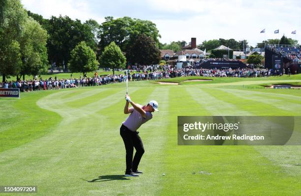 Justin Rose of England plays their second shot on the 9th hole during Day One of the Betfred British Masters hosted by Sir Nick Faldo 2023 at The...