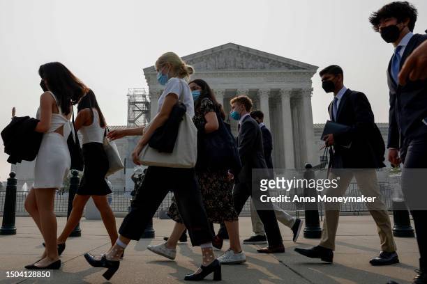 Group of people wear face masks to protect against air pollution as they walk past the U.S. Supreme Court Building on June 29, 2023 in Washington,...