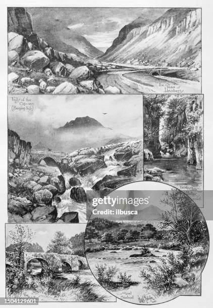 antique image from british magazine: north wales landscapes - snowdonia national park stock illustrations