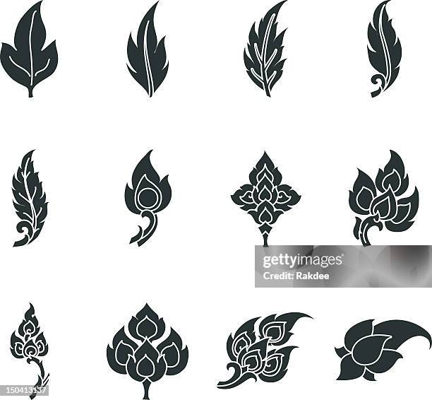ilustraciones, imágenes clip art, dibujos animados e iconos de stock de motivos tailandeses leafs silueta de iconos - thai ethnicity